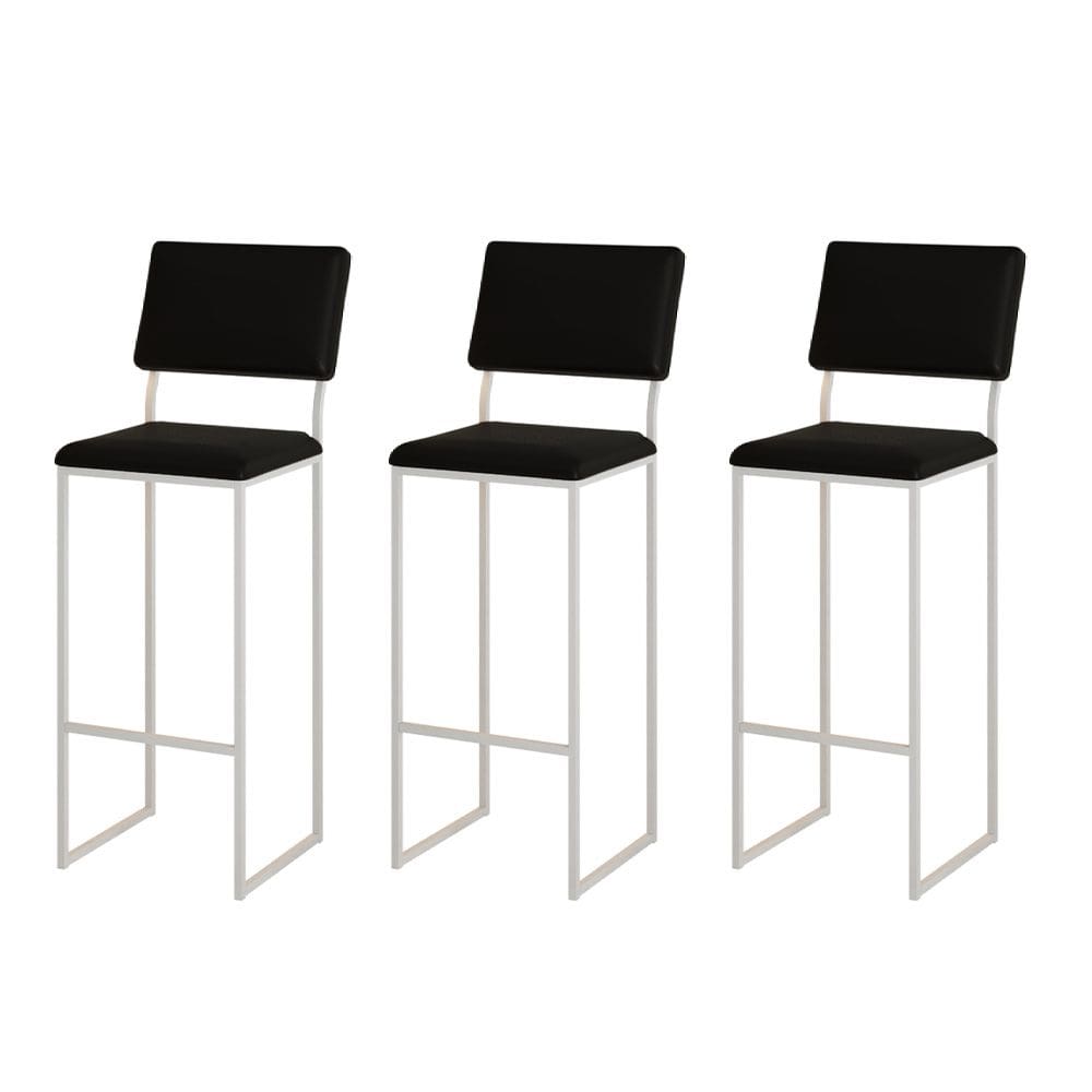 Kit 3 Banquetas com Encosto Industrial e Moderna Nina Branco e Corino Preto