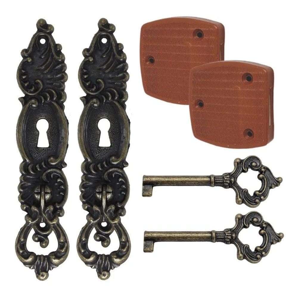 2 Fechadura + 2 Puxador + 2 Chave Colonial Móveis Antigos
