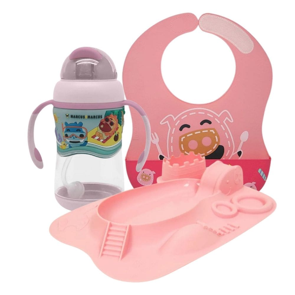 Kit Refeição Porquinha Pokey Rosa (Prato, Babador e Copo Anti-vazamento) - Marcus & Marcus
