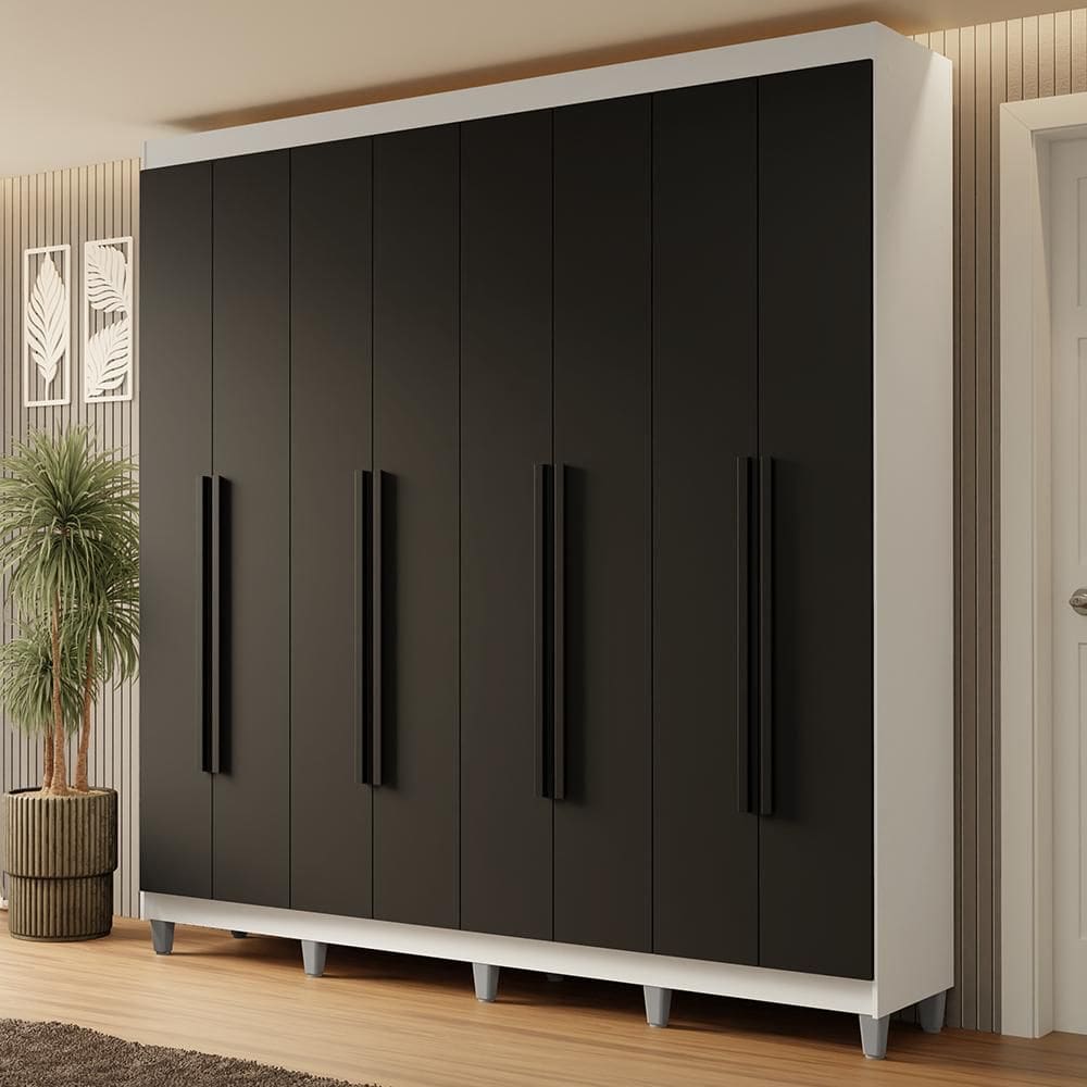 Guarda-Roupa Casal com Pés 8 Portas Batentes Branco/Preto/Preto Netuno Madesa