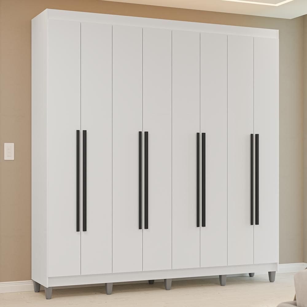 Guarda-Roupa Casal com Pés 8 Portas Batentes Branco/Branco/Preto Venus Madesa