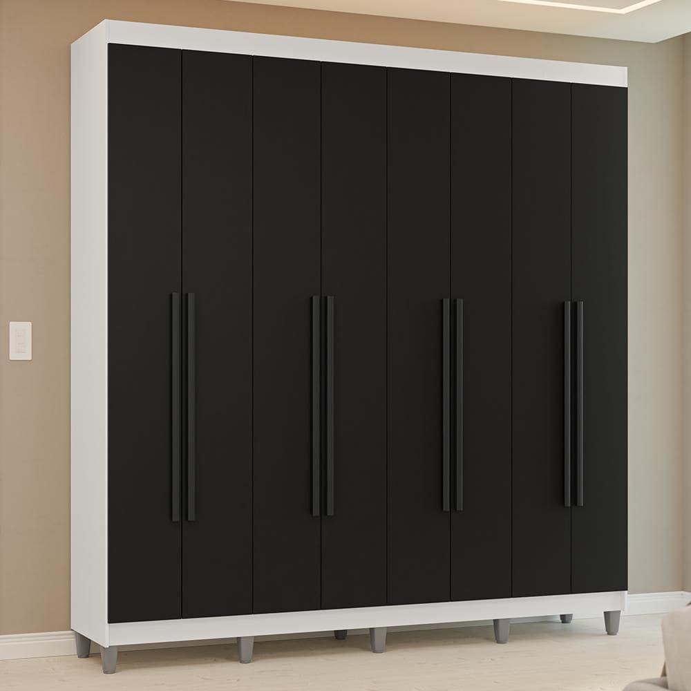 Guarda-Roupa Casal com Pés 8 Portas Batentes Branco/Preto/Preto Venus Madesa