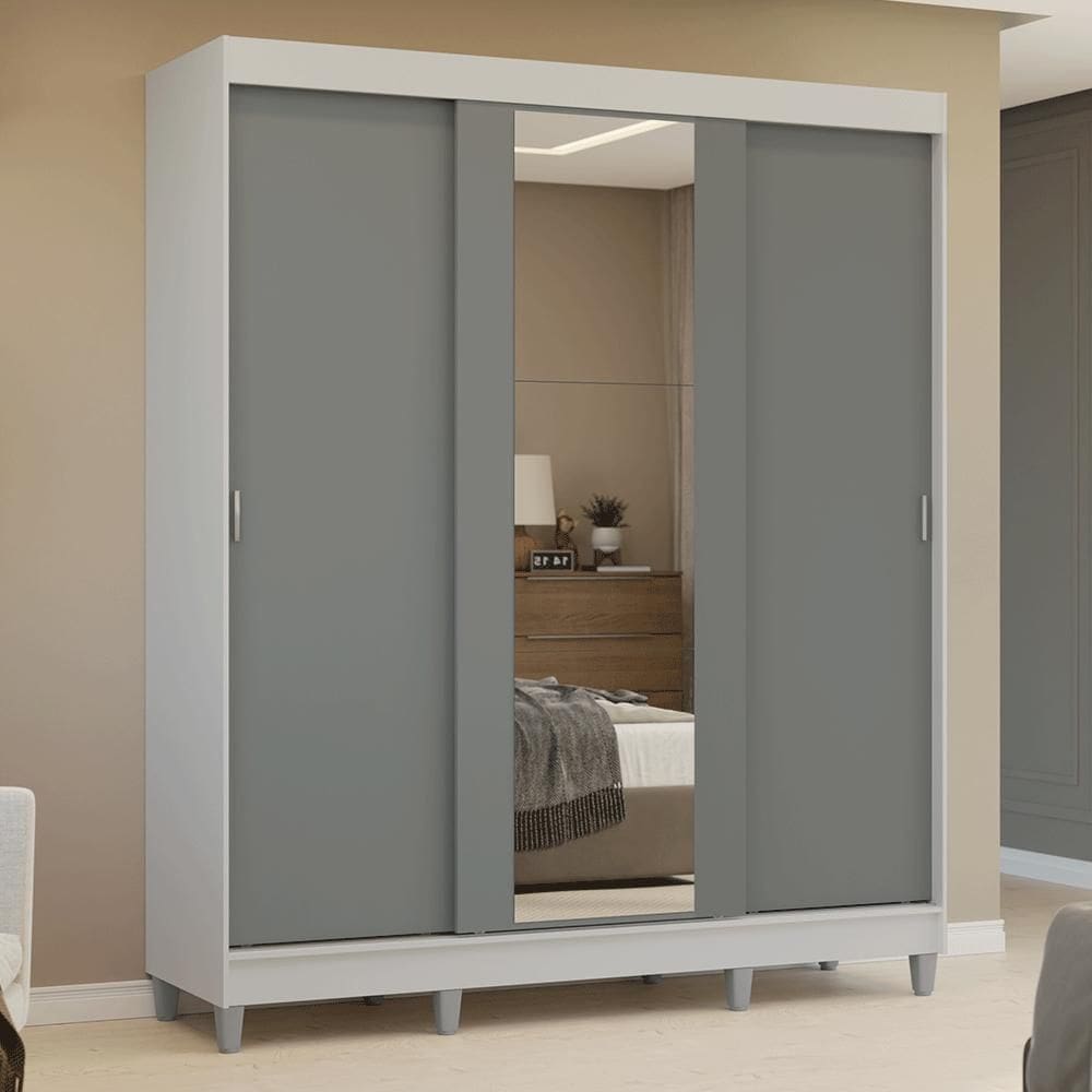 Guarda-Roupa Casal com Pés 3 Portas de Correr com Espelho Branco/Cinza Reno Madesa