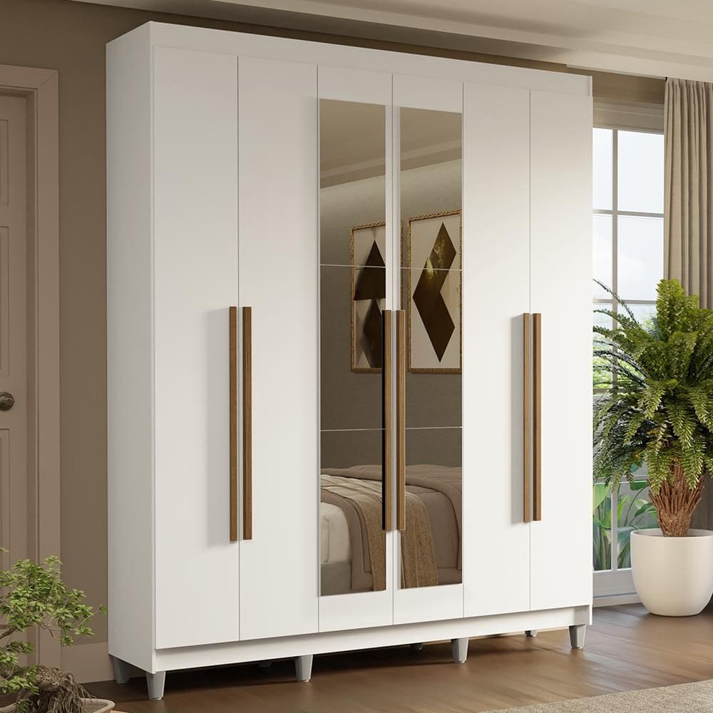 Guarda-Roupa Casal com Pés 6 Portas Batentes com Espelho Branco/Branco/Rustic Saturno Madesa