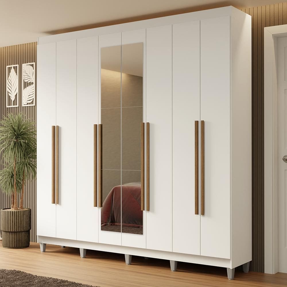 Guarda-Roupa Casal com Pés 8 Portas Batentes com Espelho Branco/Branco/Rustic Netuno Madesa
