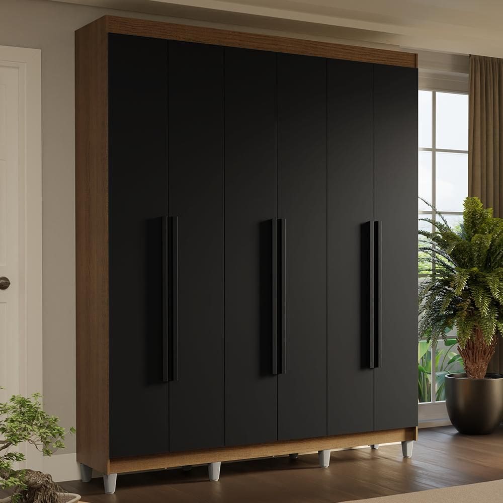 Guarda-Roupa Casal com Pés 6 Portas Batentes Rustic/Preto/Preto Saturno Madesa