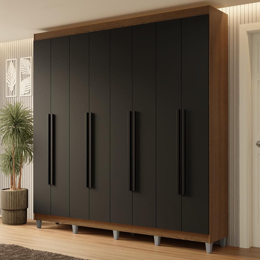 Guarda-Roupa Casal com Pés 8 Portas Batentes Rustic/Preto/Preto Netuno Madesa
