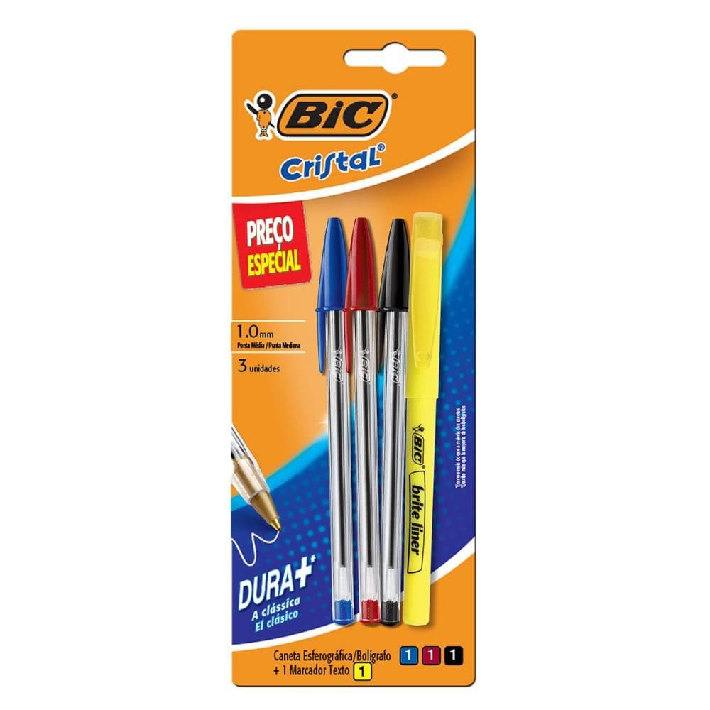 Kit escrita Cristal 1.0 com 3 unidades e 1 marca texto Bic