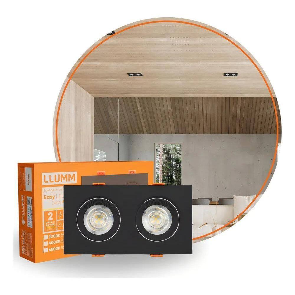 5X Spot Easy Led 10W Preto Duplo Plano Embutir Quadrado 6500
