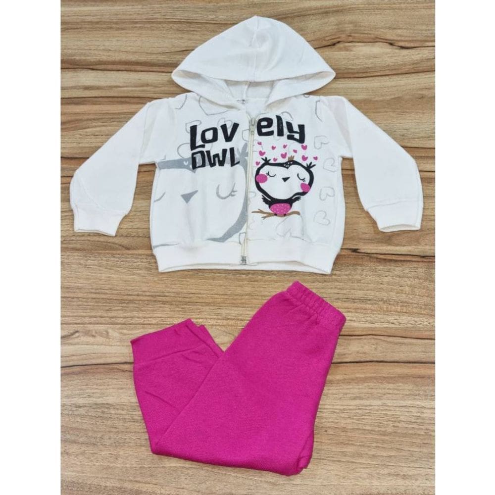 Conjunto Feminino Infantil Com Capuz Inverno Bege Corujinha