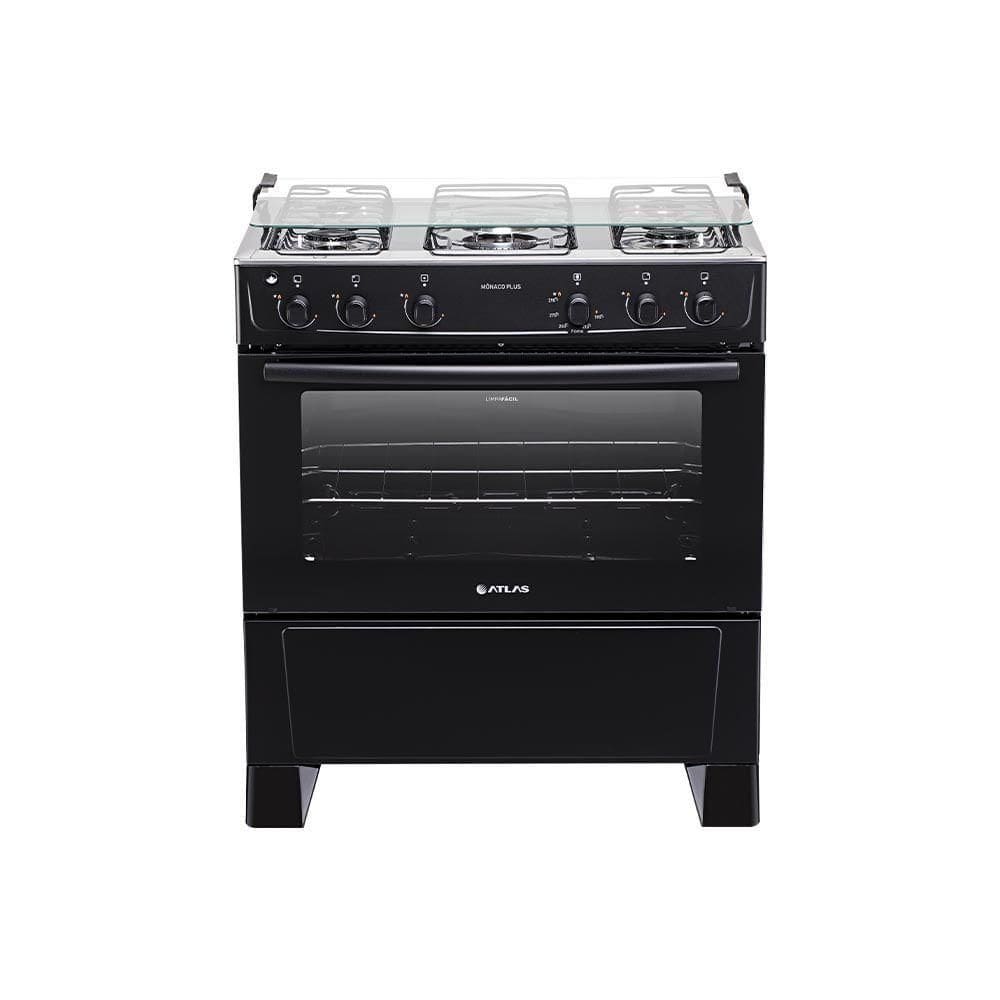 Fogão De Piso Atlas 5 Bocas Monaco Plus Mesa Inox Preto Bivolt