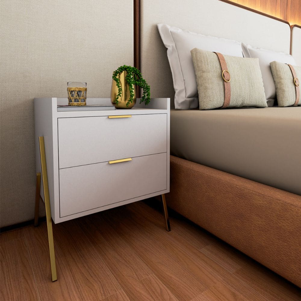 Mesa de Cabeceira Retrô com 2 Gavetas Asher 63cm - Branco