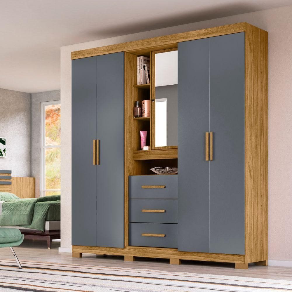 Guarda-Roupa Casal 5 Portas 3 Gavetas Com Espelho Freijo/Cinza Eldorado Moval Móveis
