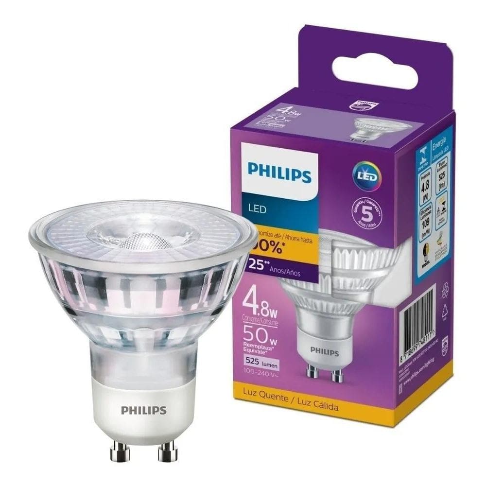 5X Lâmpada Dicroica Led Philips Gu10 6W 525Lm Bivolt