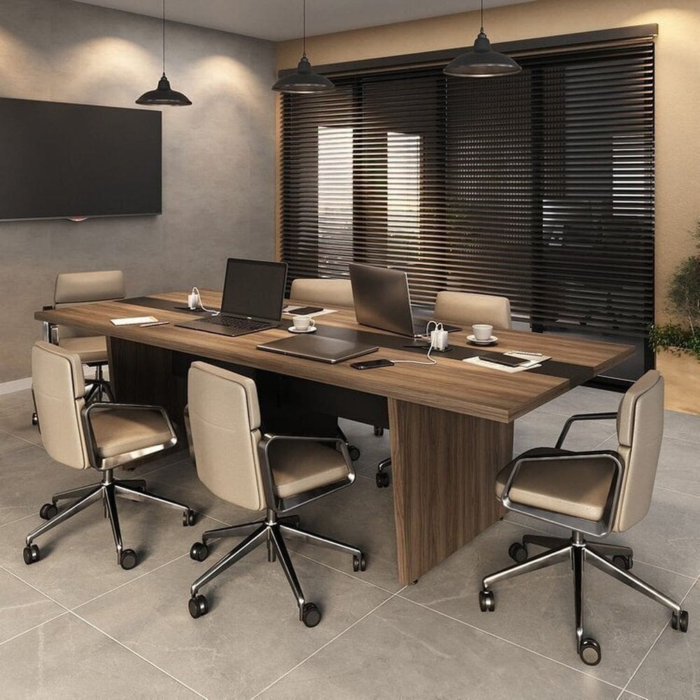 Kit Mesa Reunião Escritório 6 Lugares Com 1 Módulo P/Extensão, Caixa De Tomada, TampoTamburato 50mm Nogal/Preto