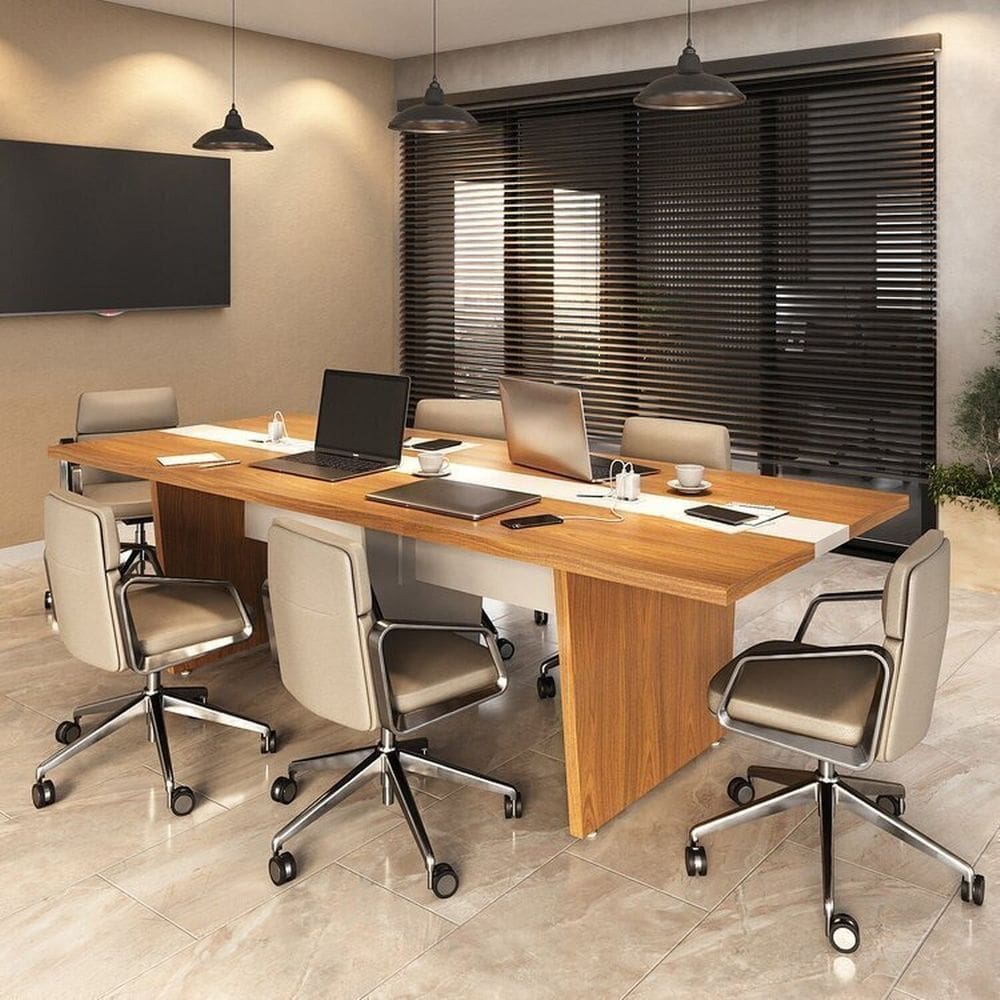 Kit Mesa Reunião Escritório 6 Lugares Com 1 Módulo P/Extensão, Caixa De Tomada, TampoTamburato 50mm Freijó/Branco