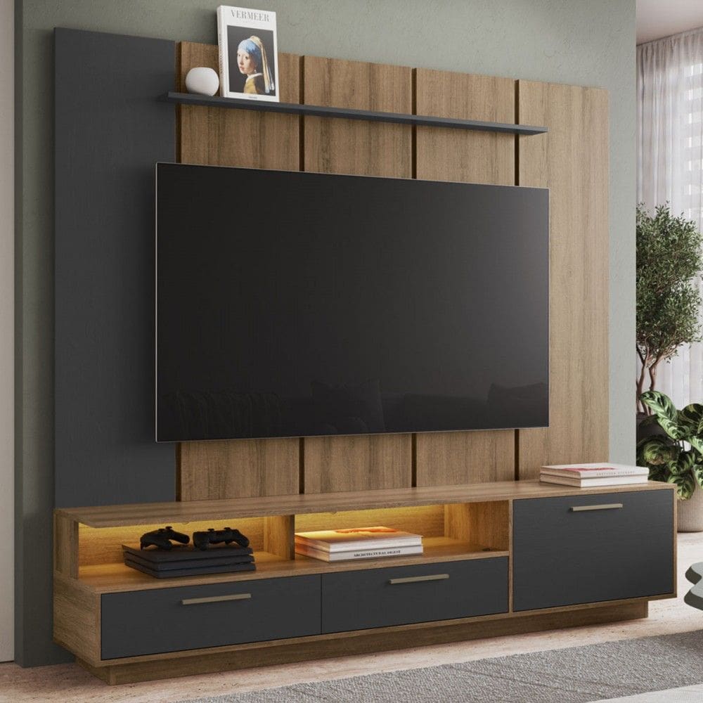 Estante para TV para TV Até 75 Polegadas Ravenna 1 Porta 2 Gavetas com Led Grafite - Art In Móveis