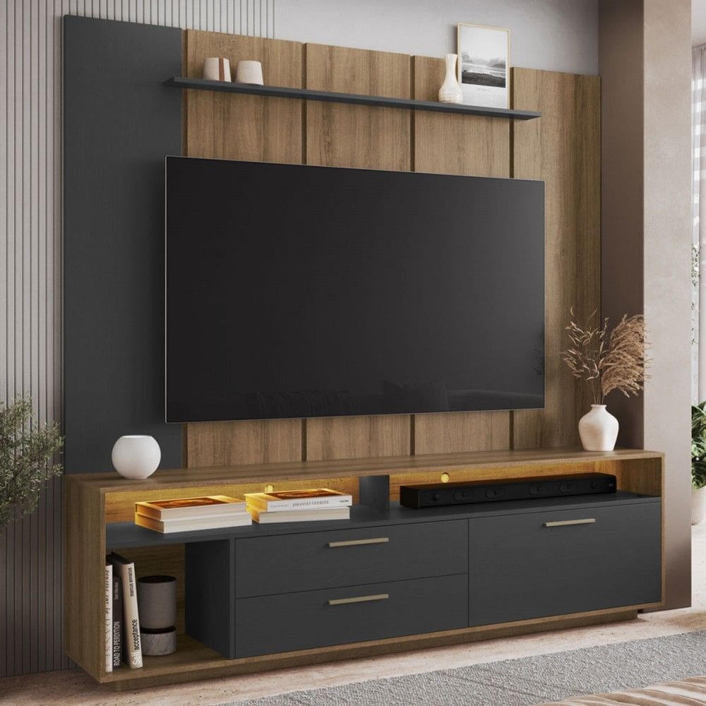 Estante para TV Até 75 Polegadas Reims 1 Porta 2 Gavetas com Led Grafite - Art In Móveis