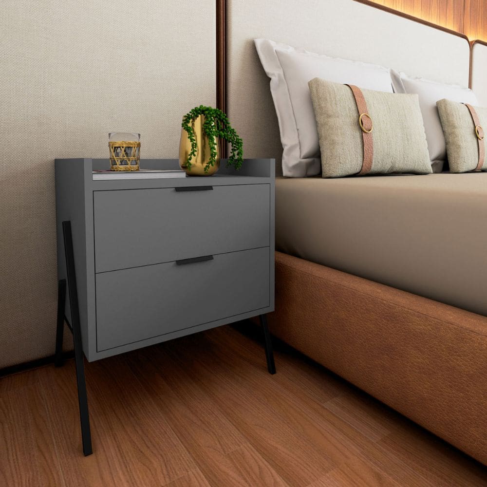 Mesa de Cabeceira Moderna com 2 Gavetas Asher 45cm - Cinza