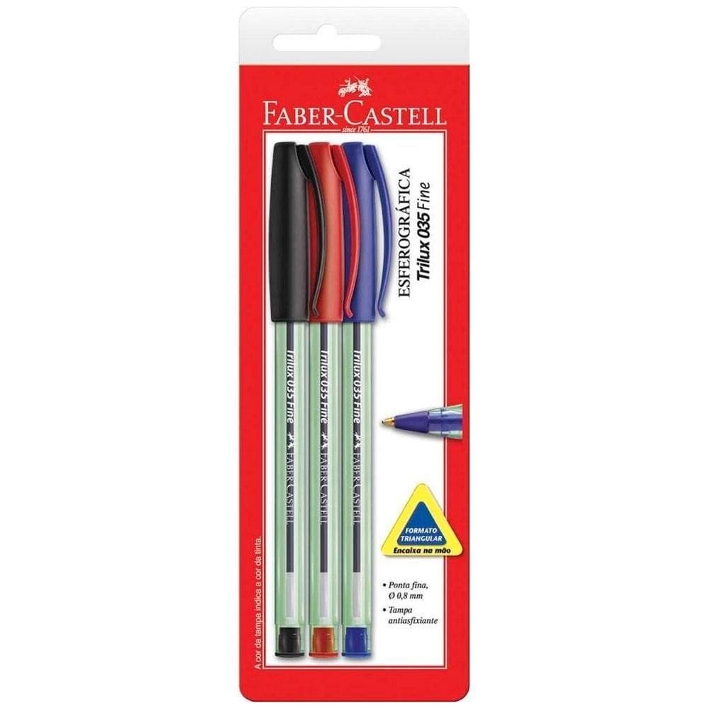 Caneta esfer Trilux azul/preto/vermelho 3 unid Faber-Castell