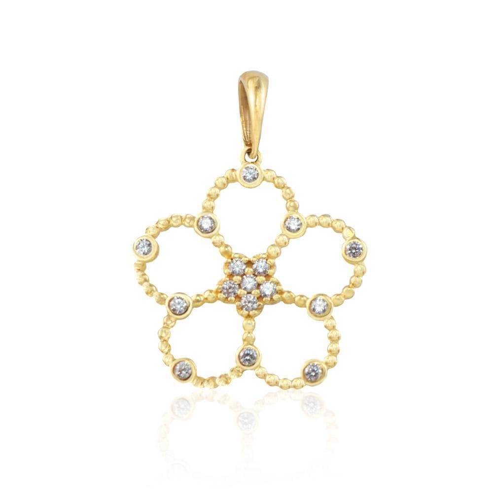 Pingente Flor 3Cm Com 16 Zircônias Em Ouro 18K