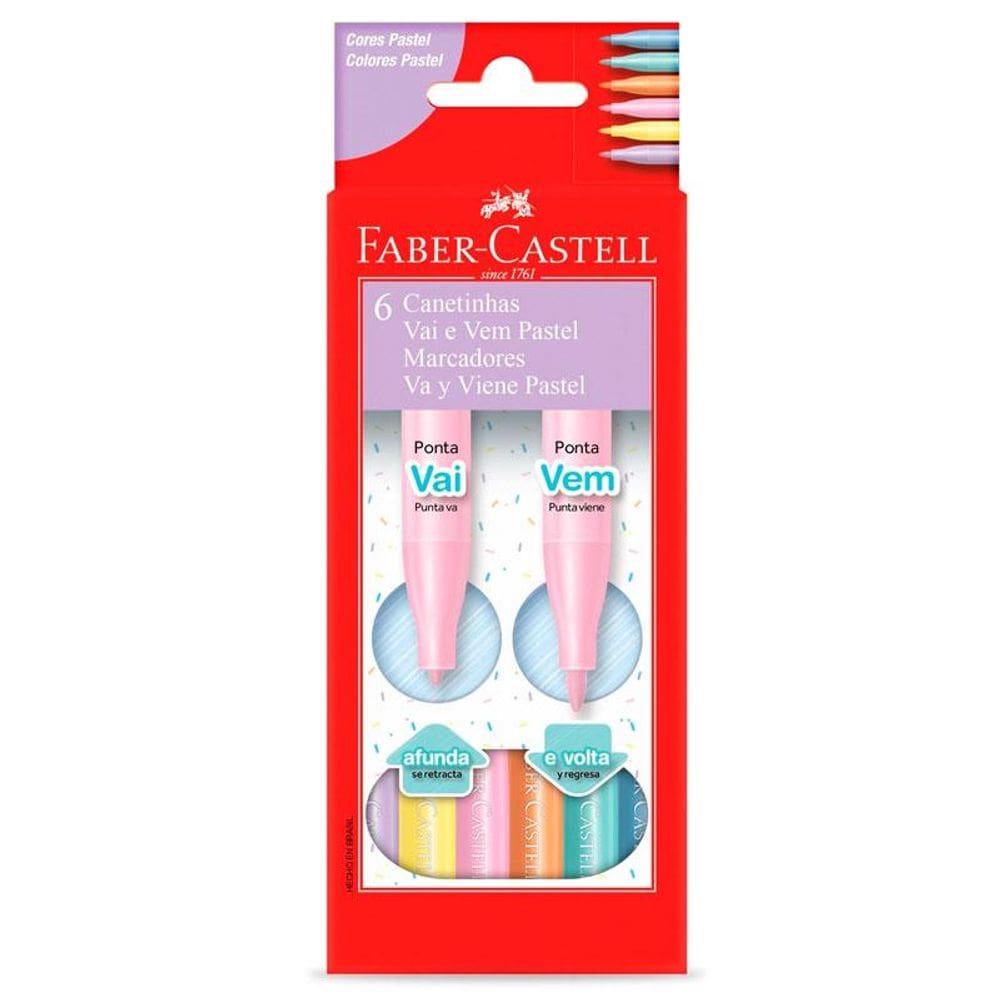 Caneta hidr ponta Vai e Vem 6 cores Pastel Faber Castell