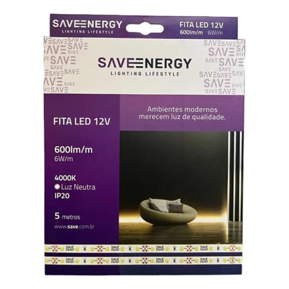 5X Fita Led 12V 6W/M Ip20 4000K Neutra - Save Energy Cor Da