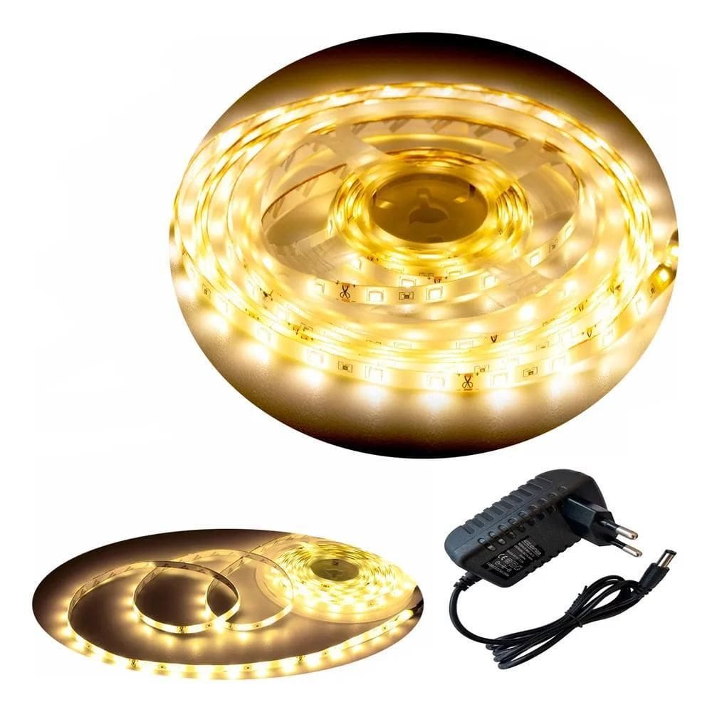 5X Fita Led 5M 5050 Branco Quente Com Fonte