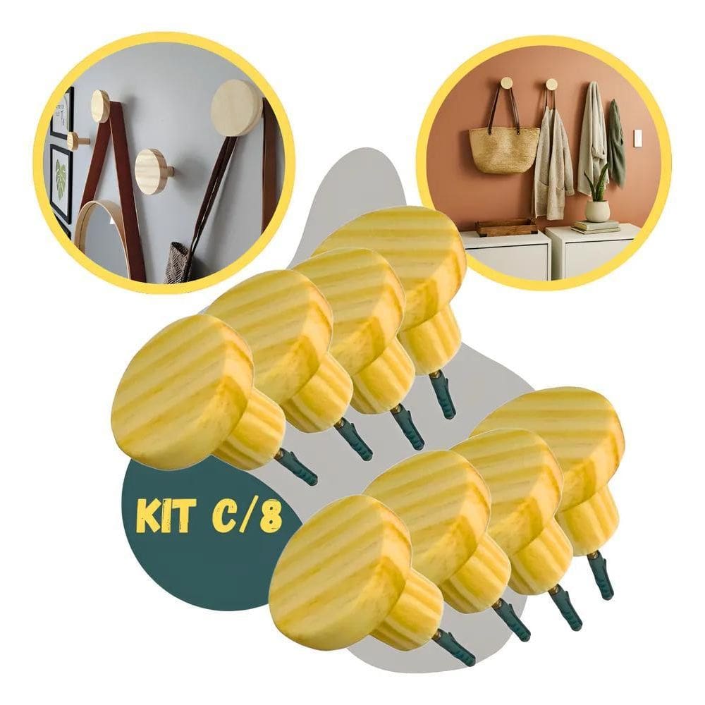 5X Kit 8 Ganchos Redondo De Pinus Pendurador Parede Cabideir