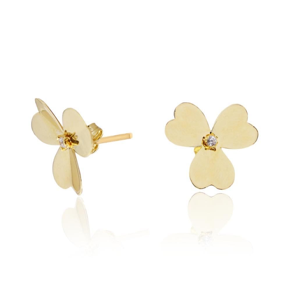 Brinco Trevo 3 Folhas Com 1,8 Cm Com Zircônias Em Ouro 18K