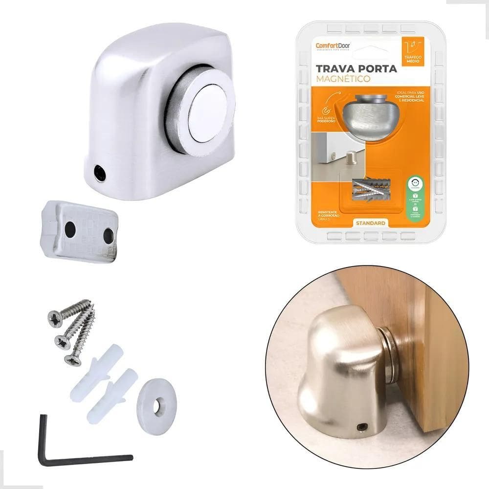 5X Fixador Porta Trava Magnético Inox Batedor Rodapé Imã Pis