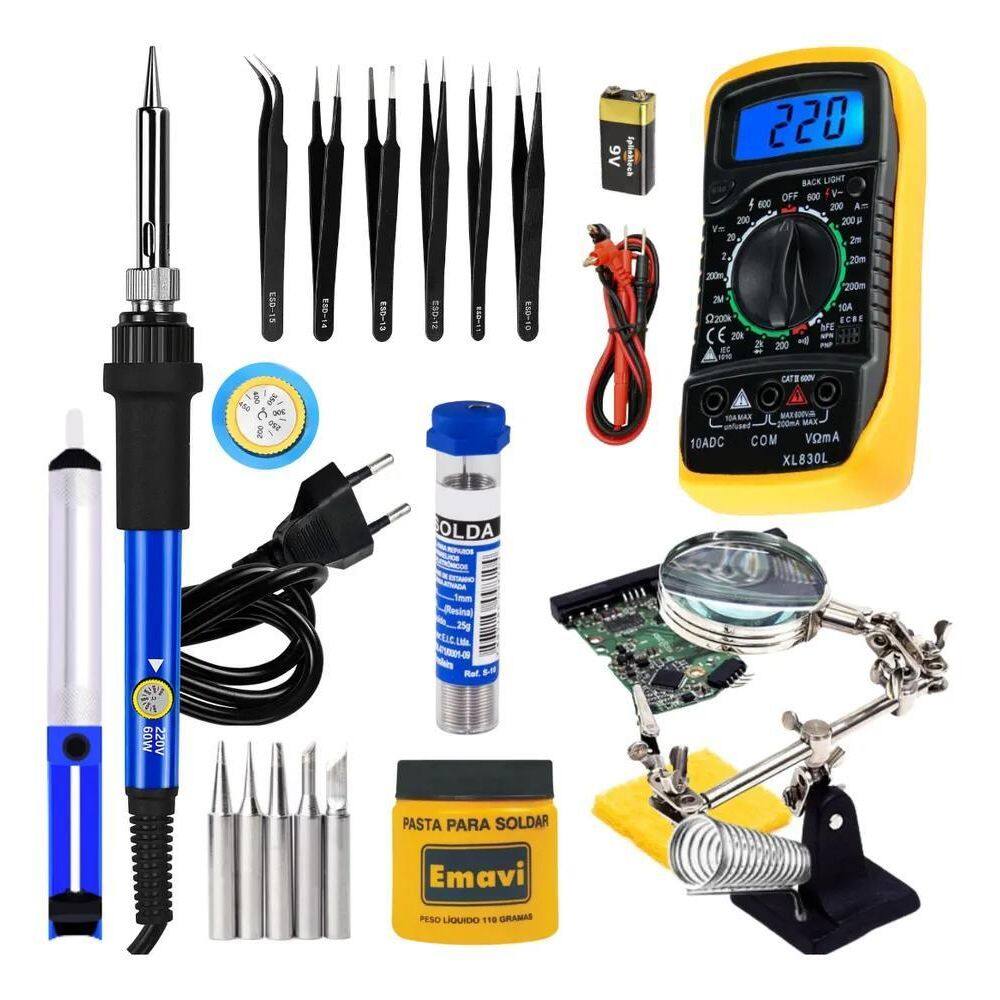 5X Kit Ferro De Solda 60W Ajuste Temperatura Multimetro 17Pc