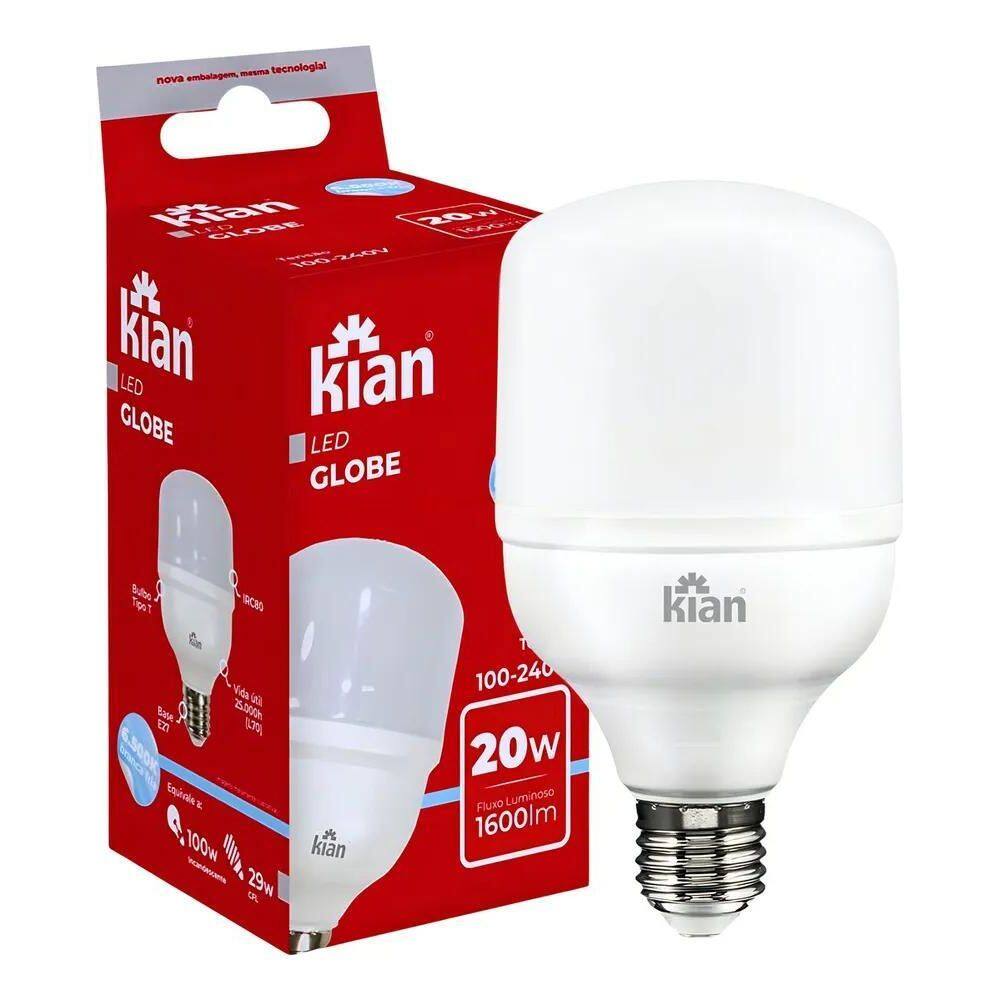 5X Lampada Led Globe 20W 6.500K Branca Fria Base E27 Kian