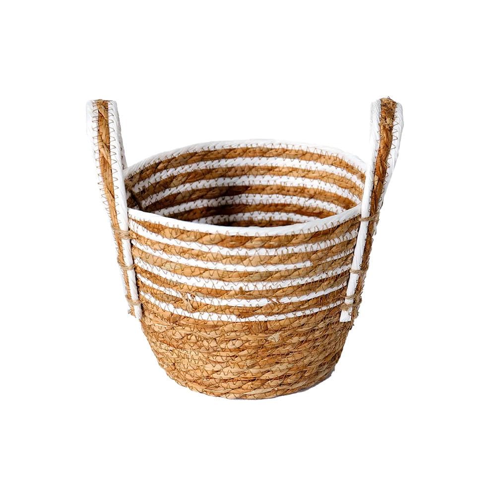 Cesto de Fibra Natural Branco C/ Alça Pequeno Ø19x15cm p/ Organização Decoração