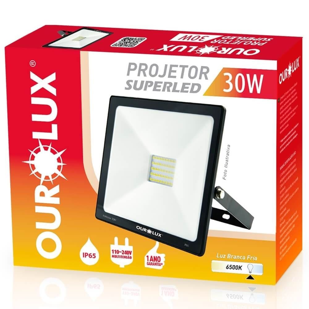 Projetor Superled Slim Preto Bivolt de 30 Watts e 6500K - 03263 - OUROLUX
