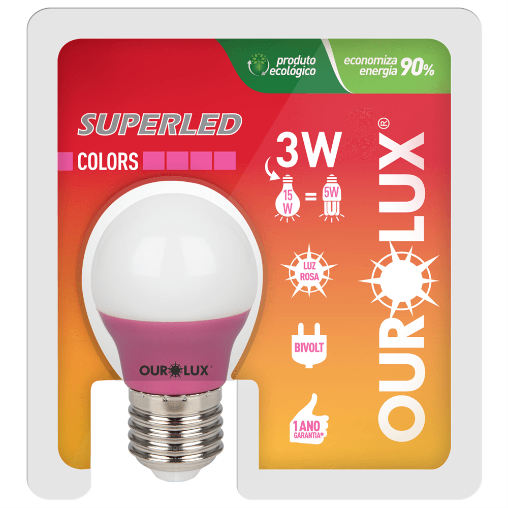 Lâmpada Bolinha Colors Rosa de 3 Watts Bivolt - 05430 - OUROLUX