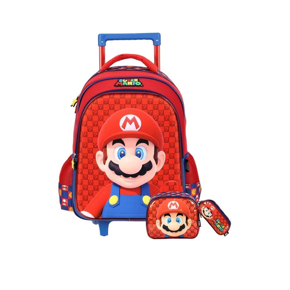 Kit Escola Super Mario Mochila Roda Lancheira Estojo - Azul