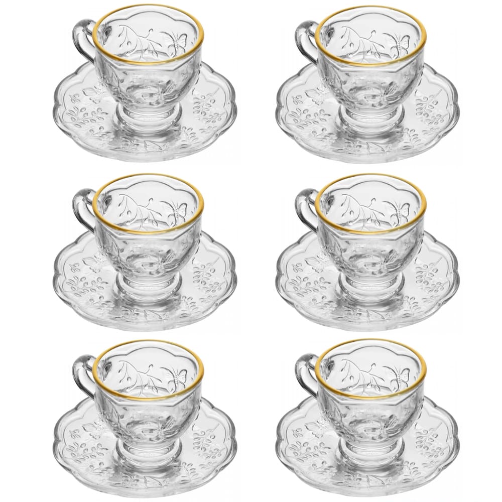 Jogo 6 Xícaras 180ml Chá Cristal Borda Dourada Borboleta Lyor