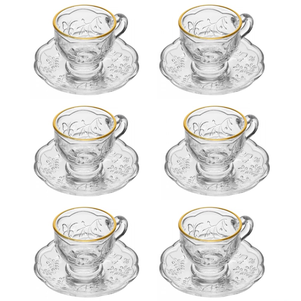 Jogo 6 Xícaras 80ml Café Cristal Borda Dourada Borboleta Lyor