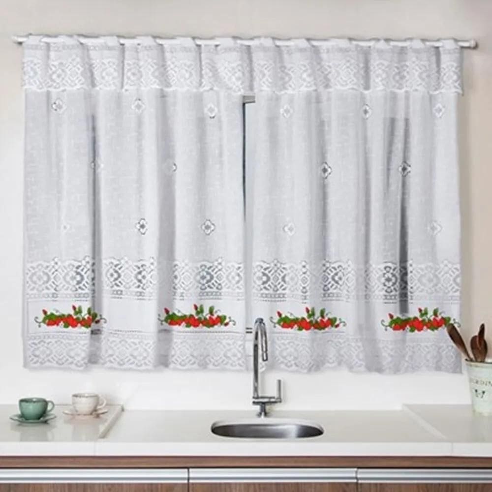 Cortina Renda Cozinha 2,00 Lag. X 1,20M Alt Morango Branca