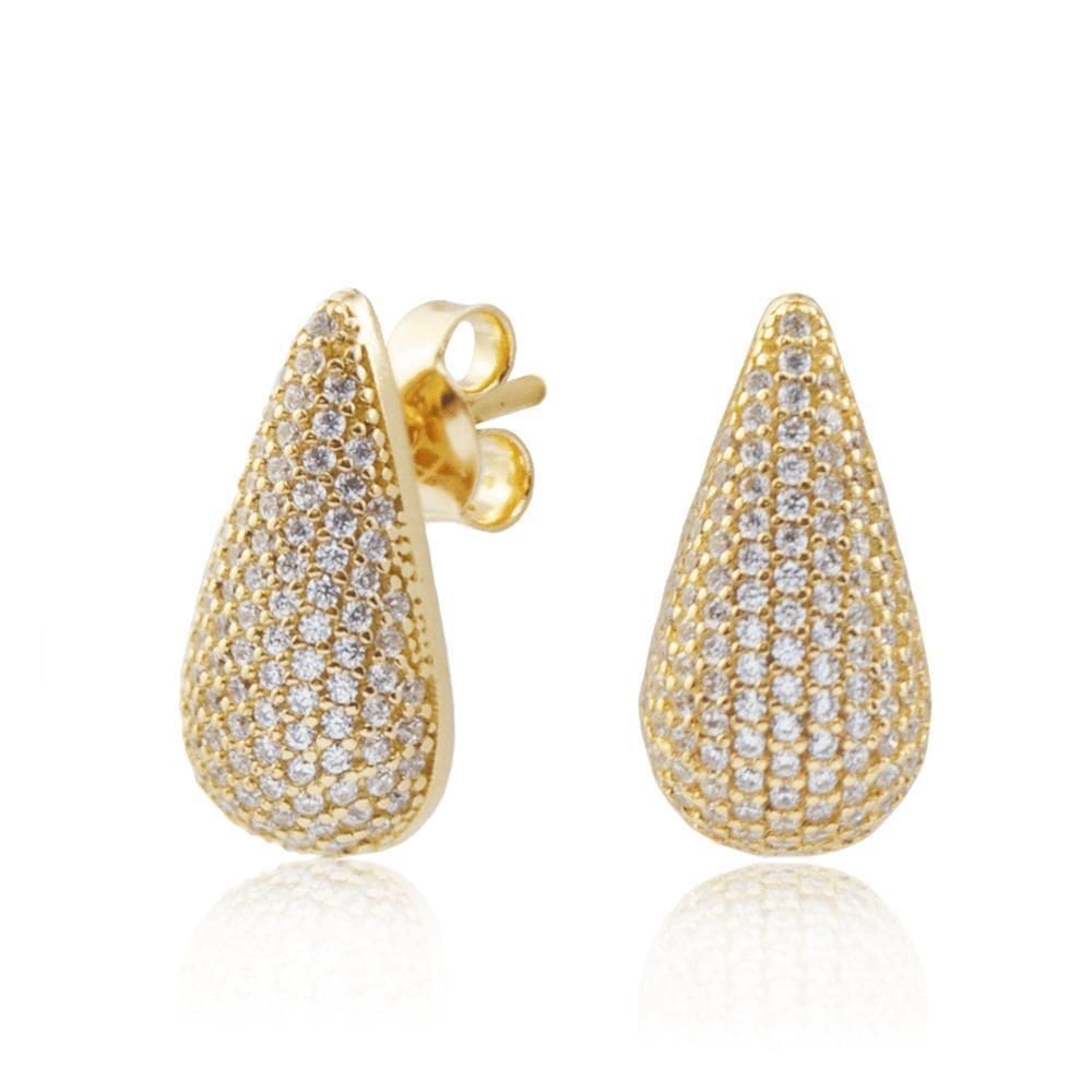 Brinco Gota 1,8Cm Cravejado Com Zircônias Em Ouro 18K