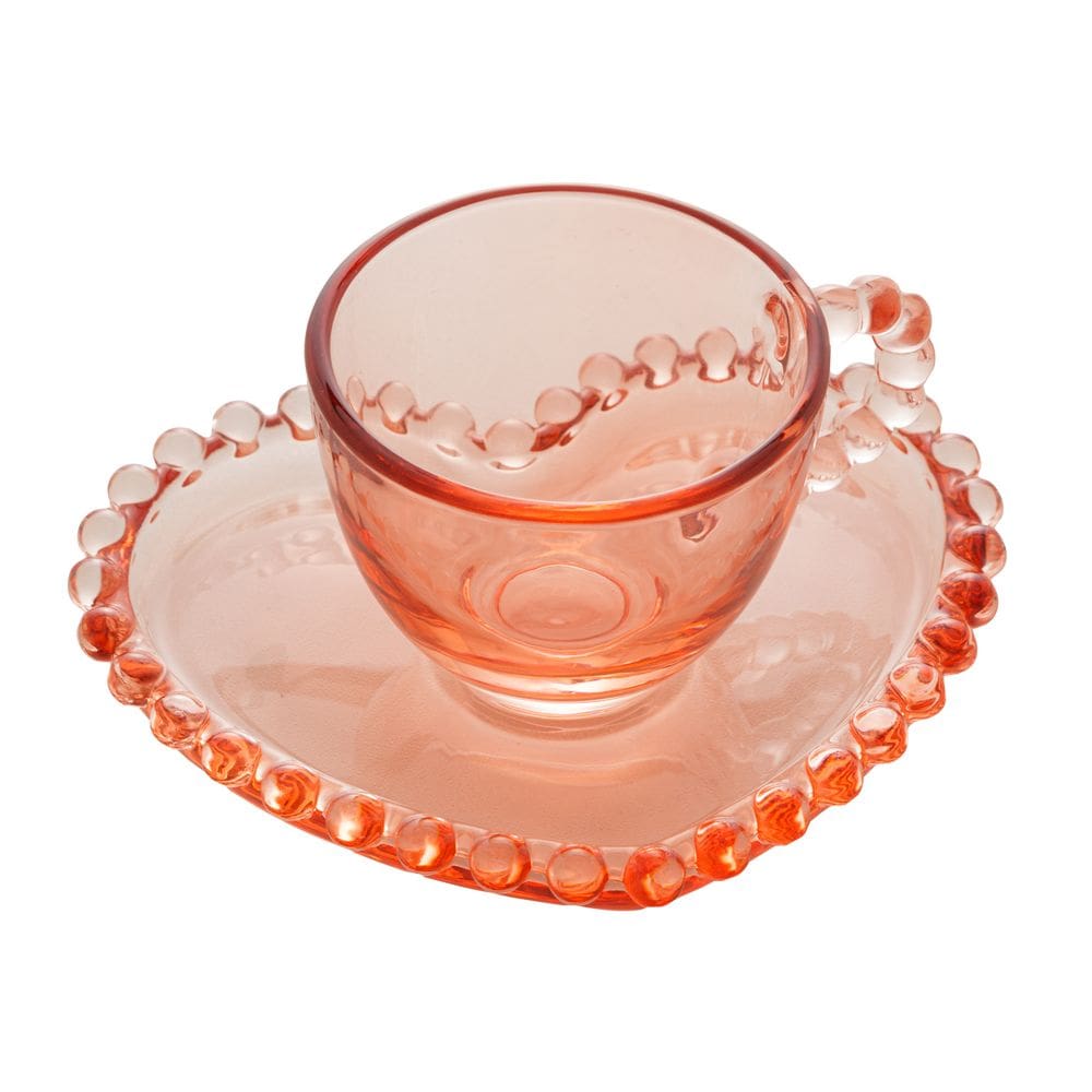 Jogo de 4 Xícaras 85ml Café Cristal Coração Rosa Pearl Wolff