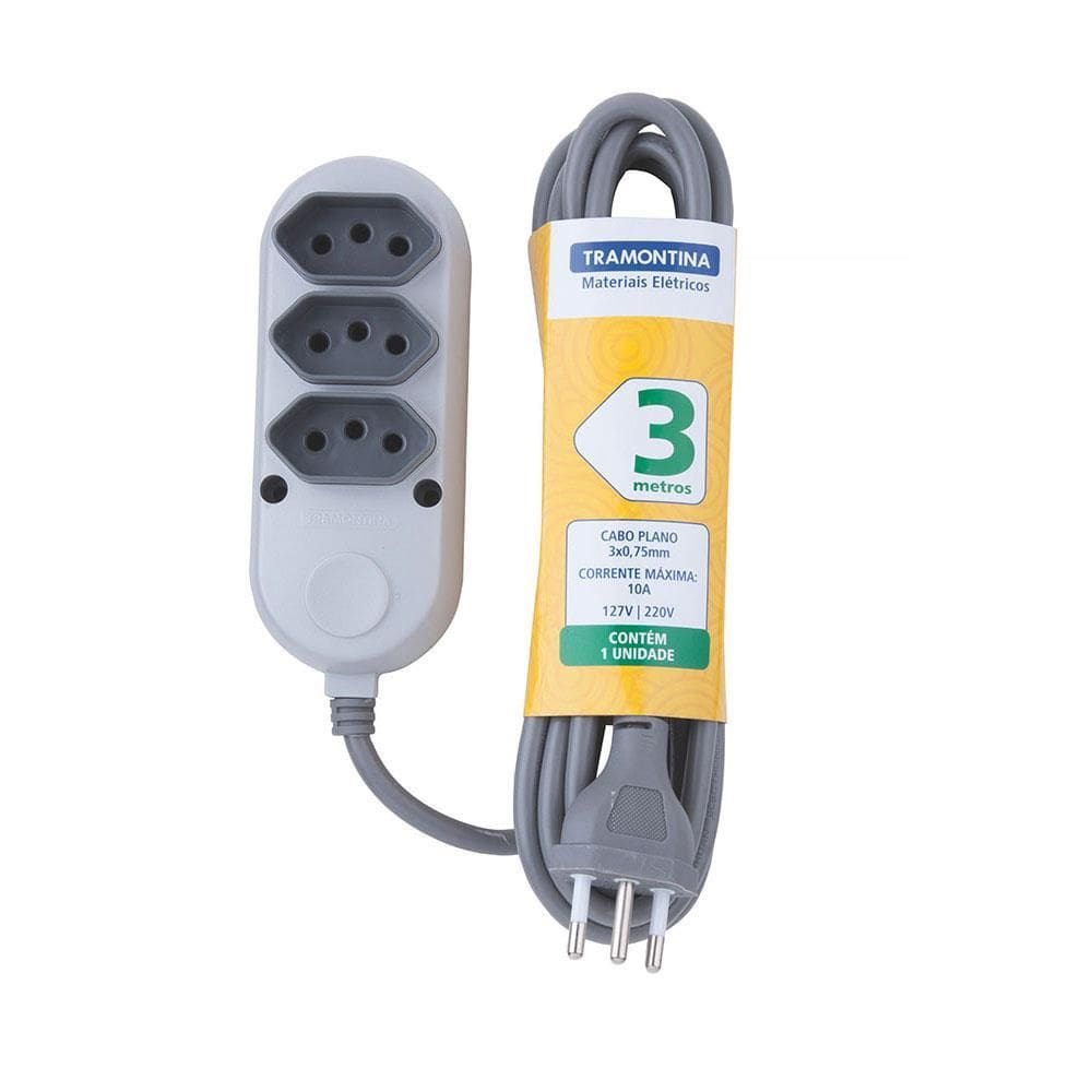Extensão 3 Tomadas 2P+T 10A 250V 3m - 57504020 - TRAMONTINA