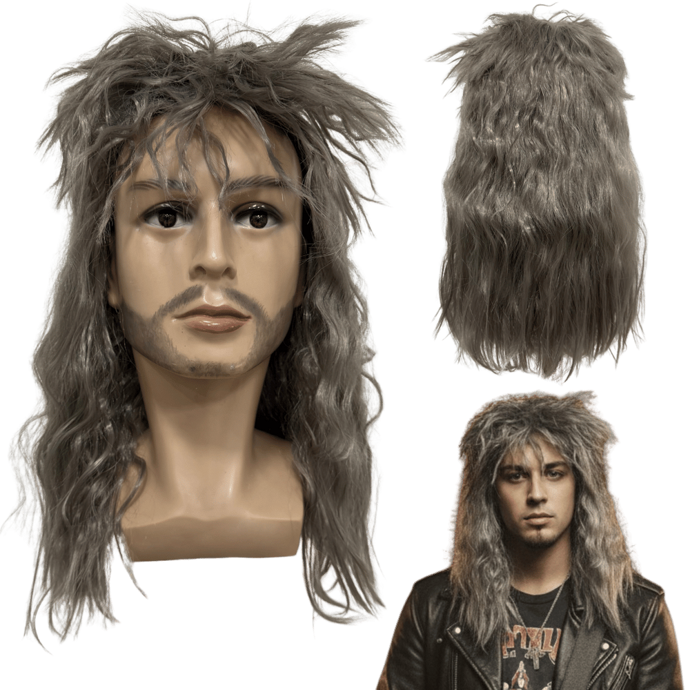 Peruca rock heavy metal anos 60 70 ondulada cinza grisalho