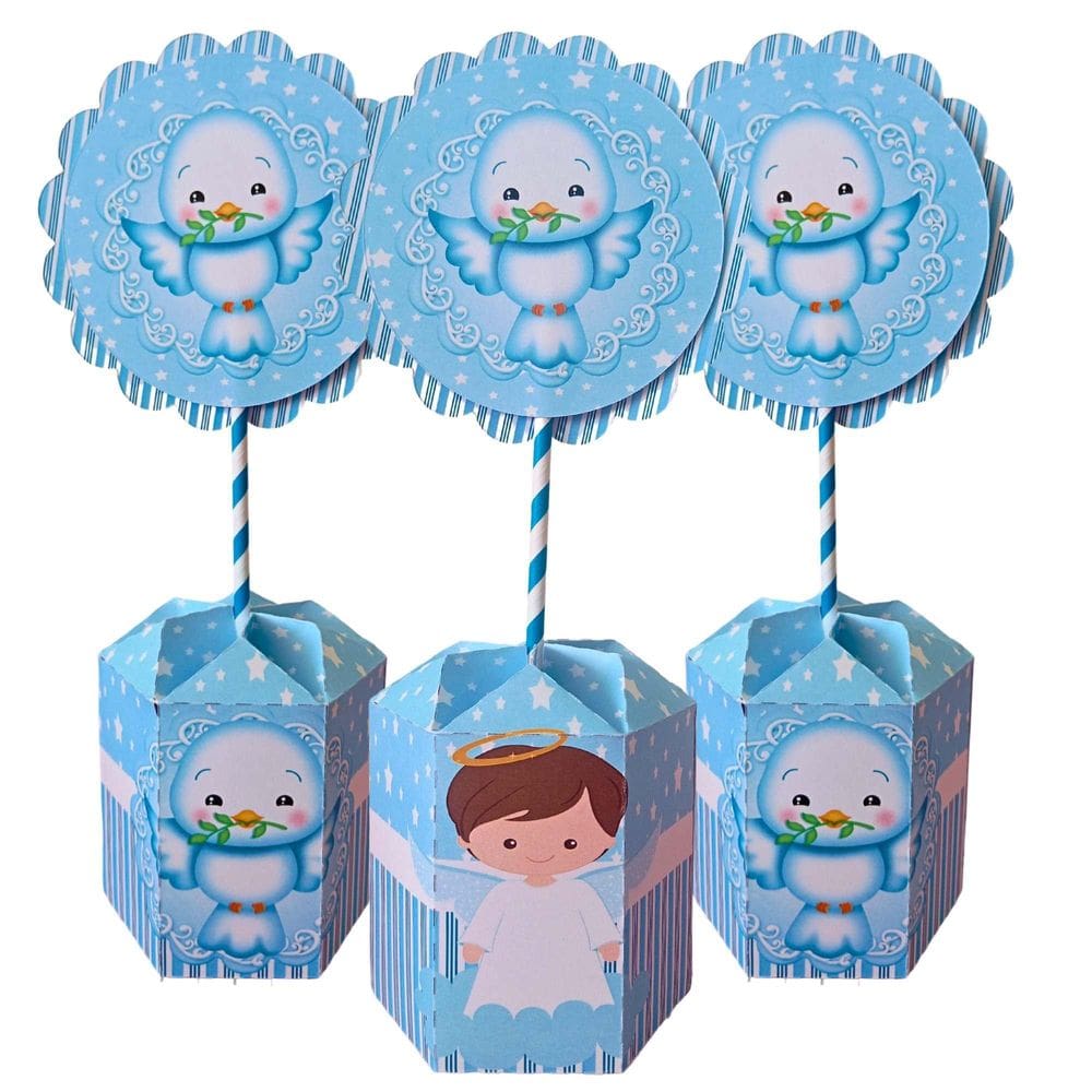 Kit 10 Centros De Mesa Decoração Para Batizado - Azul