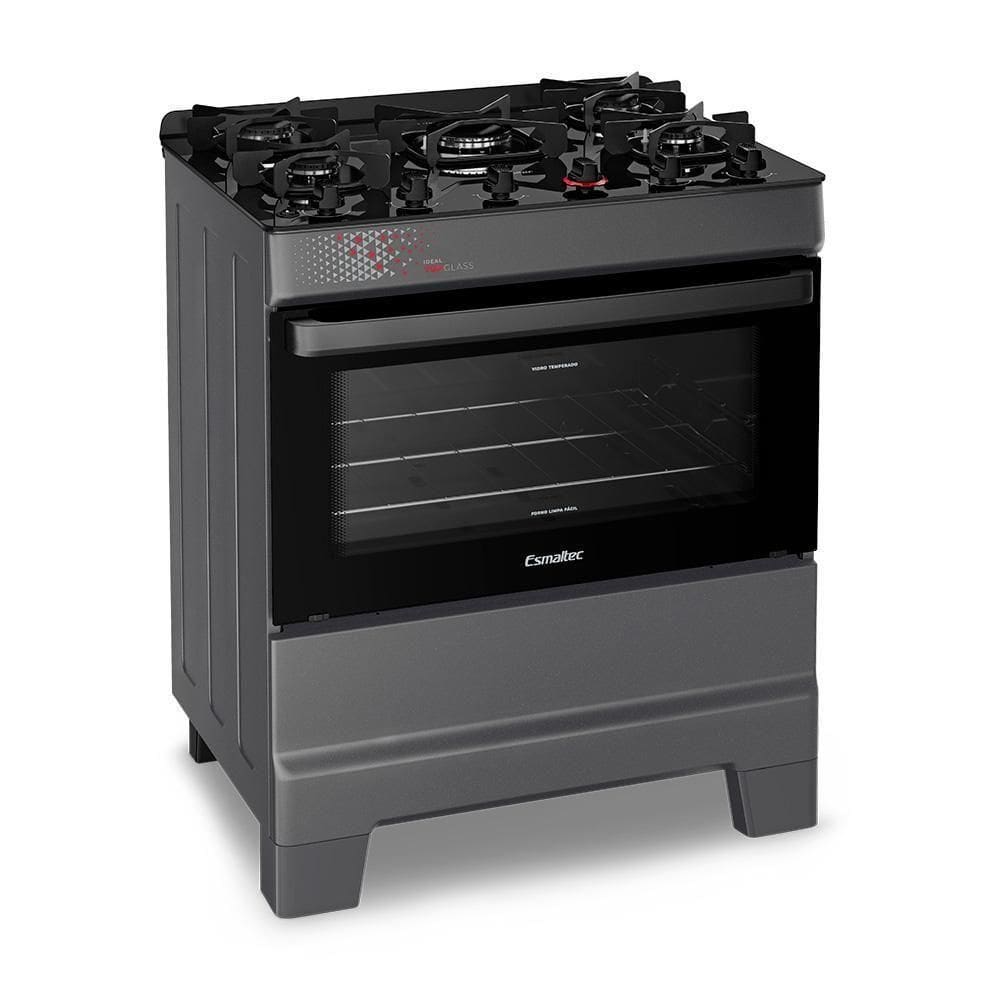Fogão A Gás Mesa De Vidro Forno 84L Esmaltec Ideal Top Glass Titanium 5 Bocas Bivolt