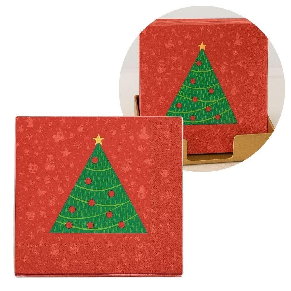 Guardanapo De Natal Estampado Vermelho Pinheiro Verde 25x25cm Folha Dupla Prime Pacote 20 Unidades