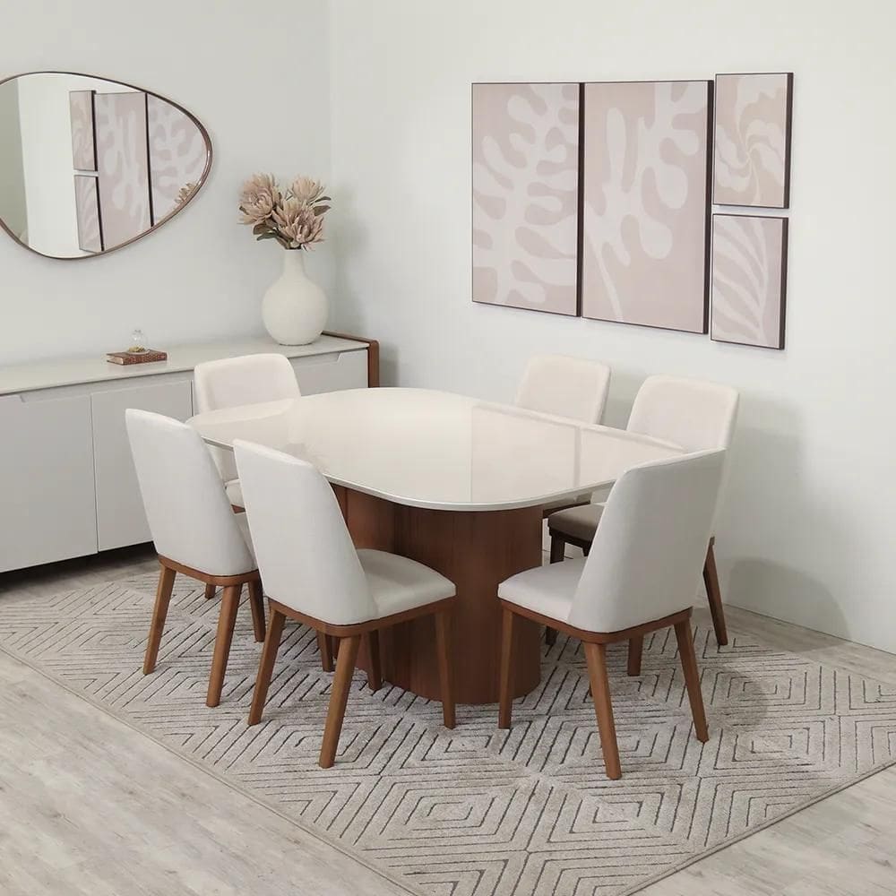 Conjunto de Jantar Mesa Retangular com Vidro 6 Cadeiras Kalina - Canella c/ Off White