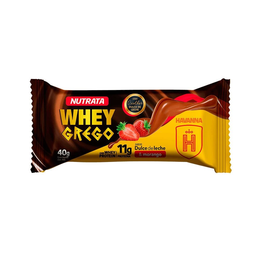 Barra de Proteína Whey Grego Bar Nutrata Sabor Dulce De Leche e Morango Havanna com 11g de Proteína 40g