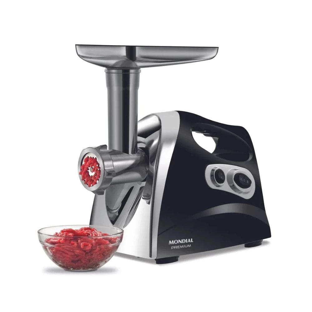 Moedor de Carne Elétrico Mondial Premium MC03 Com 6 Acessórios, Bandeja e Lâminas Inox e Função Reverse